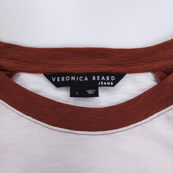 VERONICA BEARD Jeans Mason Baseball Tee Puff Sleeve Tshirt Top Rust White Large - Picture 2 of 7